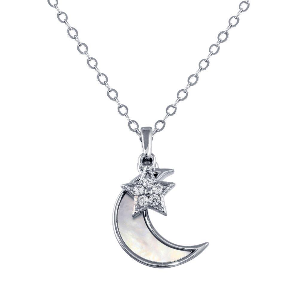 Sterling Silver Rhodium Plated CZ Synthetic Mother of Pearl Star and Crescent Moon Necklace - silverdepot