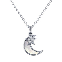 Load image into Gallery viewer, Sterling Silver Rhodium Plated CZ Synthetic Mother of Pearl Star and Crescent Moon Necklace - silverdepot