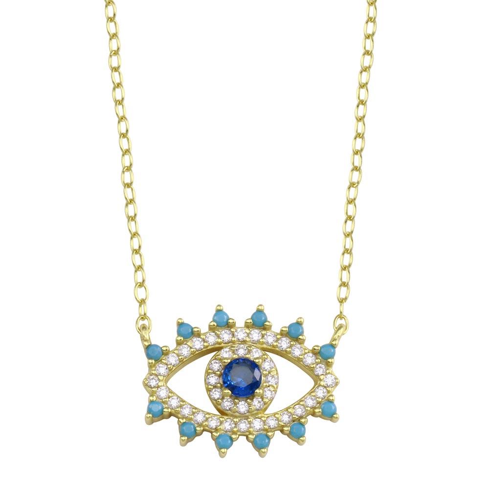 Sterling Silver Gold Plated Evil Eye Blue CZ Necklace