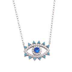 Sterling Silver Rhodium Plated Evil Eye Blue CZ Necklace