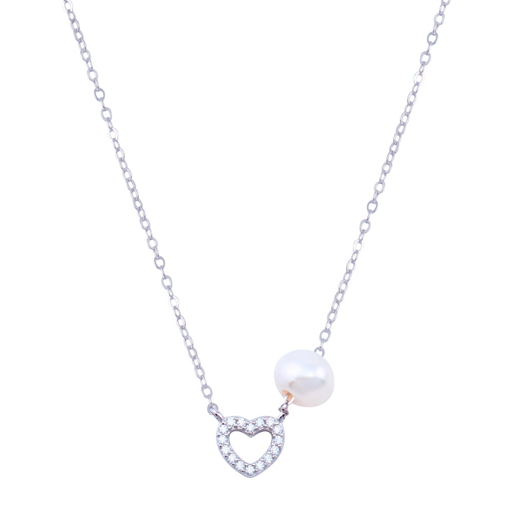 Sterling Silver Rhodium Plated Fresh Water Pearl Heart Charm Clear CZ Necklace