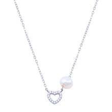 Load image into Gallery viewer, Sterling Silver Rhodium Plated Fresh Water Pearl Heart Charm Clear CZ Necklace
