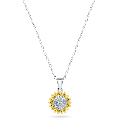 Sterling Silver Rhodium Plated Two Tone Sunflower CZ Pendant With Chain