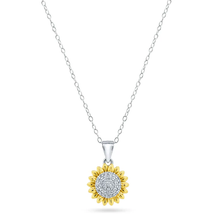Load image into Gallery viewer, Sterling Silver Rhodium Plated Two Tone Sunflower CZ Pendant With Chain