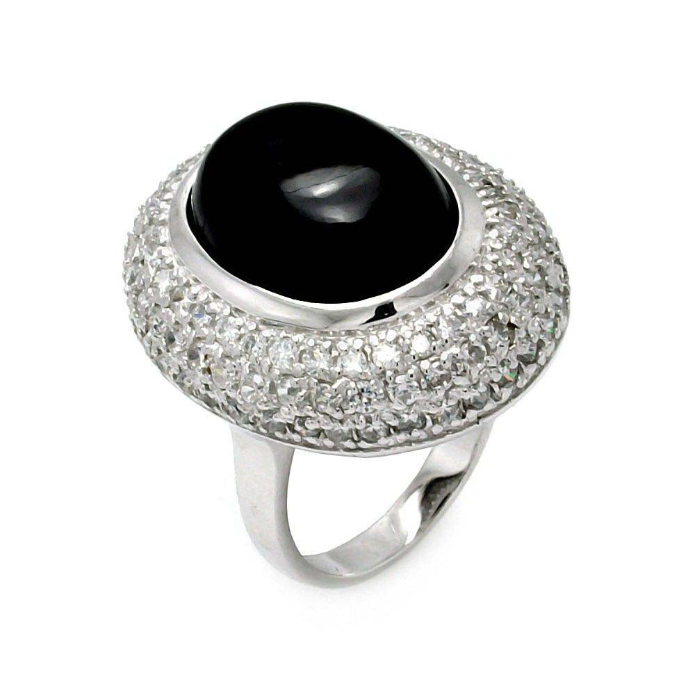 Sterling Silver Fashionable Ring with Centered Oval Cut Black Onyx with Paved Halo SettingAnd Ring Width of 29MM