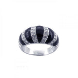 Sterling Silver Fancy Domed Band Ring with Strip Black Onyx and Clear Czs Inlaid