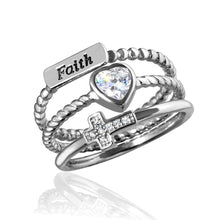Load image into Gallery viewer, Sterling Silver Rhodium Plated Triple Band Faith Heart Cross Ring With CZ StoneAnd Heart Dimensions 7mmx7mmAnd Faith Dimensions 9mmx3mmAnd Cross Dimensions 8mmx5mmAnd Width 1mmAnd Thickness 4mmx4mm