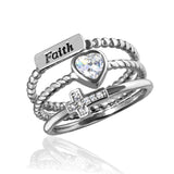 Sterling Silver Rhodium Plated Triple Band Faith Heart Cross Ring With CZ StoneAnd Heart Dimensions 7mmx7mmAnd Faith Dimensions 9mmx3mmAnd Cross Dimensions 8mmx5mmAnd Width 1mmAnd Thickness 4mmx4mm