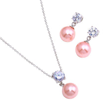 Load image into Gallery viewer, Sterling Silver Rhodium Plated Pink Pearl Dangling Stud Earring and Necklace Set With CZ  Stones