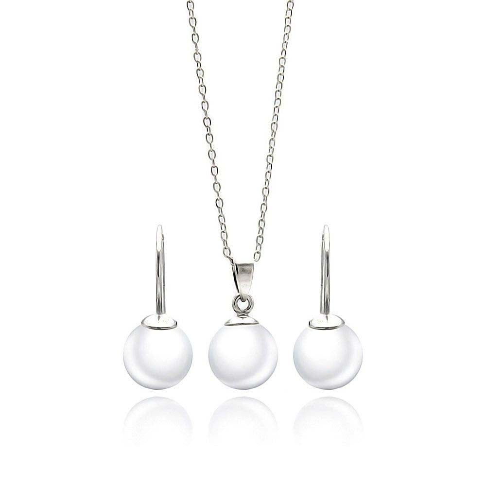 Sterling Silver Rhodium Plated White Enamel Pearl Lever Back Earring and Necklace Set With CZ  Stones
