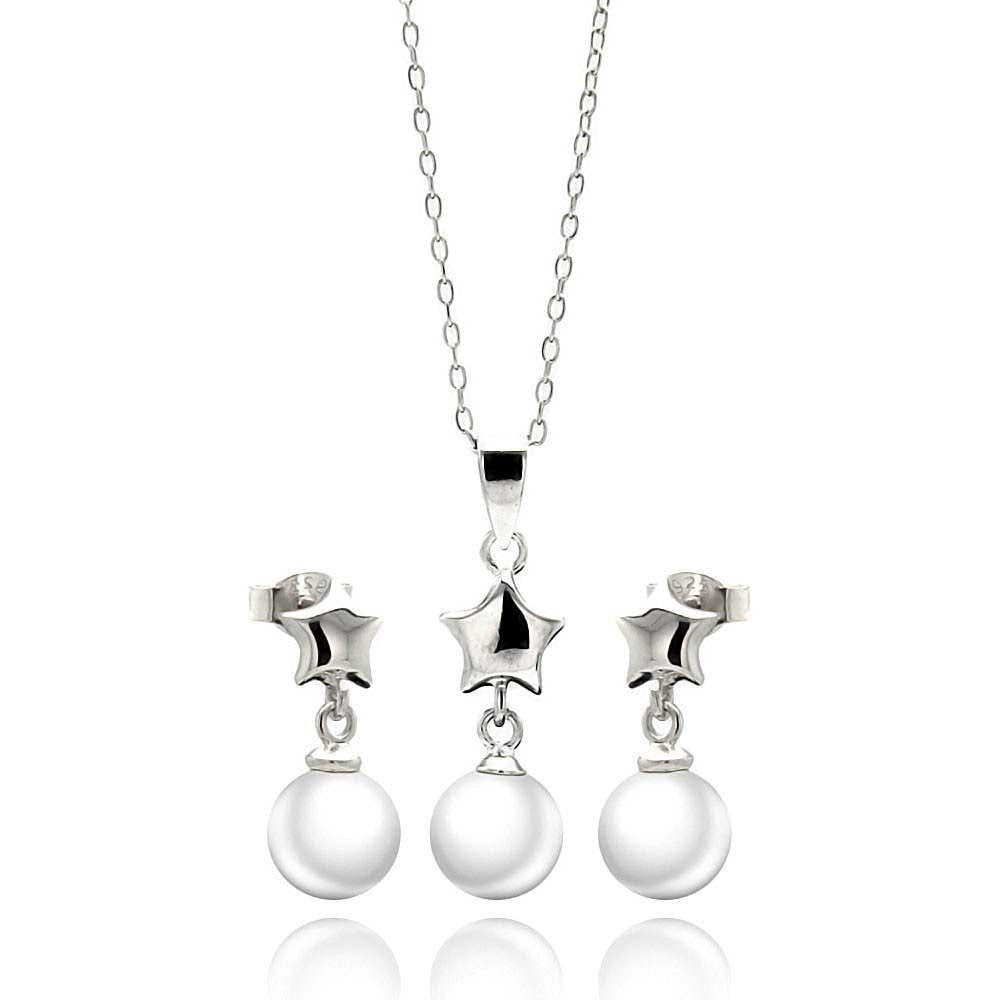 Sterling Silver Rhodium Plated Star White Enamel Pearl Dangling Stud Earring and Necklace Set With CZ  Stones