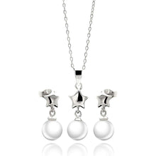 Load image into Gallery viewer, Sterling Silver Rhodium Plated Star White Enamel Pearl Dangling Stud Earring and Necklace Set With CZ  Stones