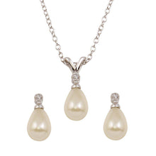 Load image into Gallery viewer, Sterling Silver Rhodium Plated Tear Drop Pearl Earrings With CZ And Necklace set