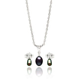 Sterling Silver Rhodium Plated Small Fresh Water Black Pearl Dangling Set With CZ  Stones