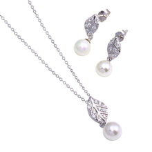 Load image into Gallery viewer, Sterling Silver CZ Leaf With Dangling Pearl Earring and Pendant Set