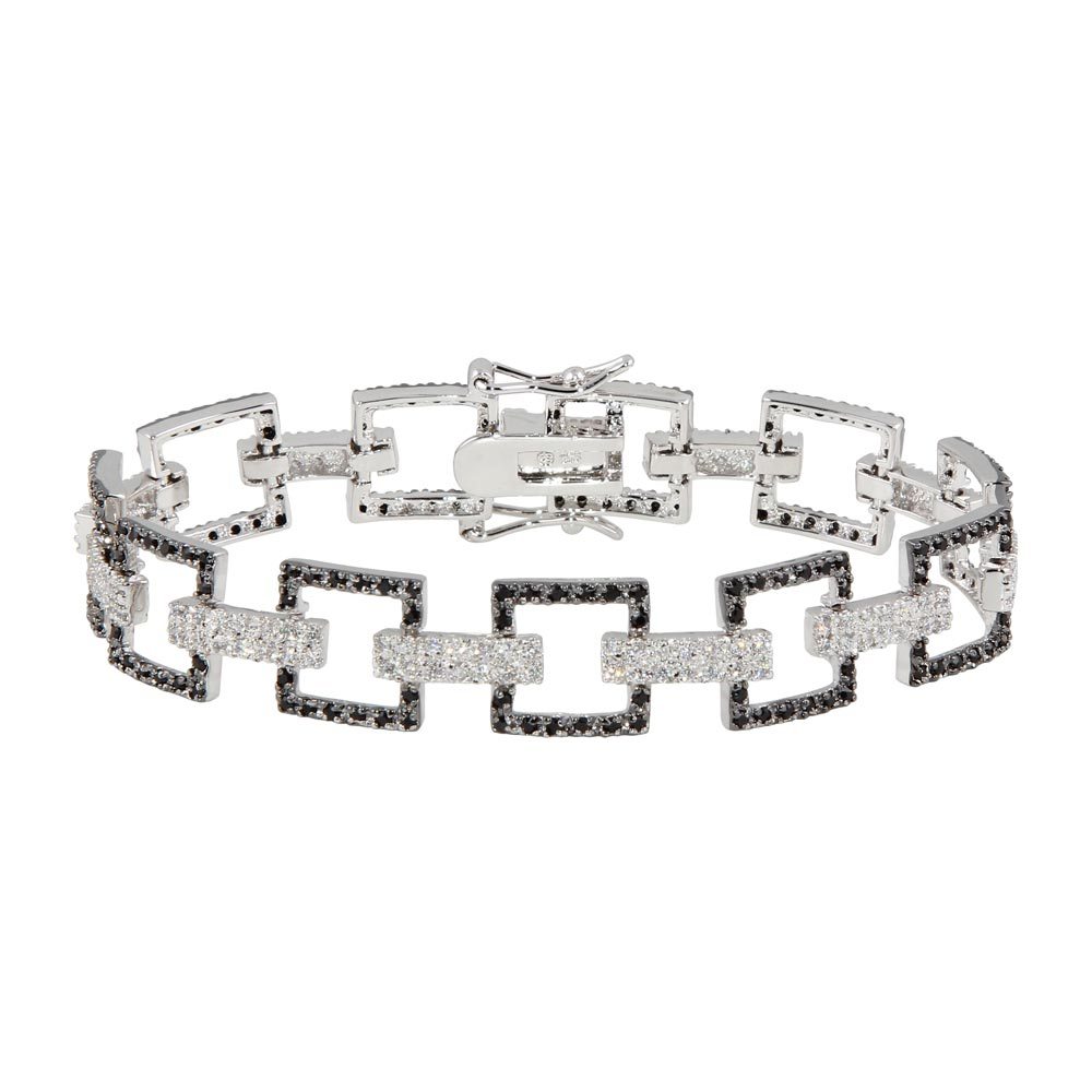 Sterling Silver Rhodium Plated Multiple Square Black Open CZ Bracelet
