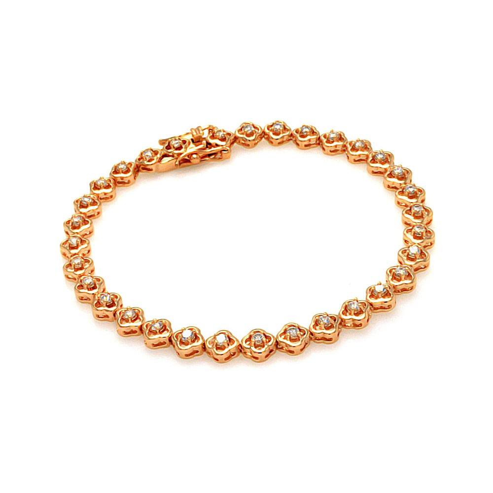 Sterling Silver Gold Rose Plated Clear Flower Link CZ Bracelet