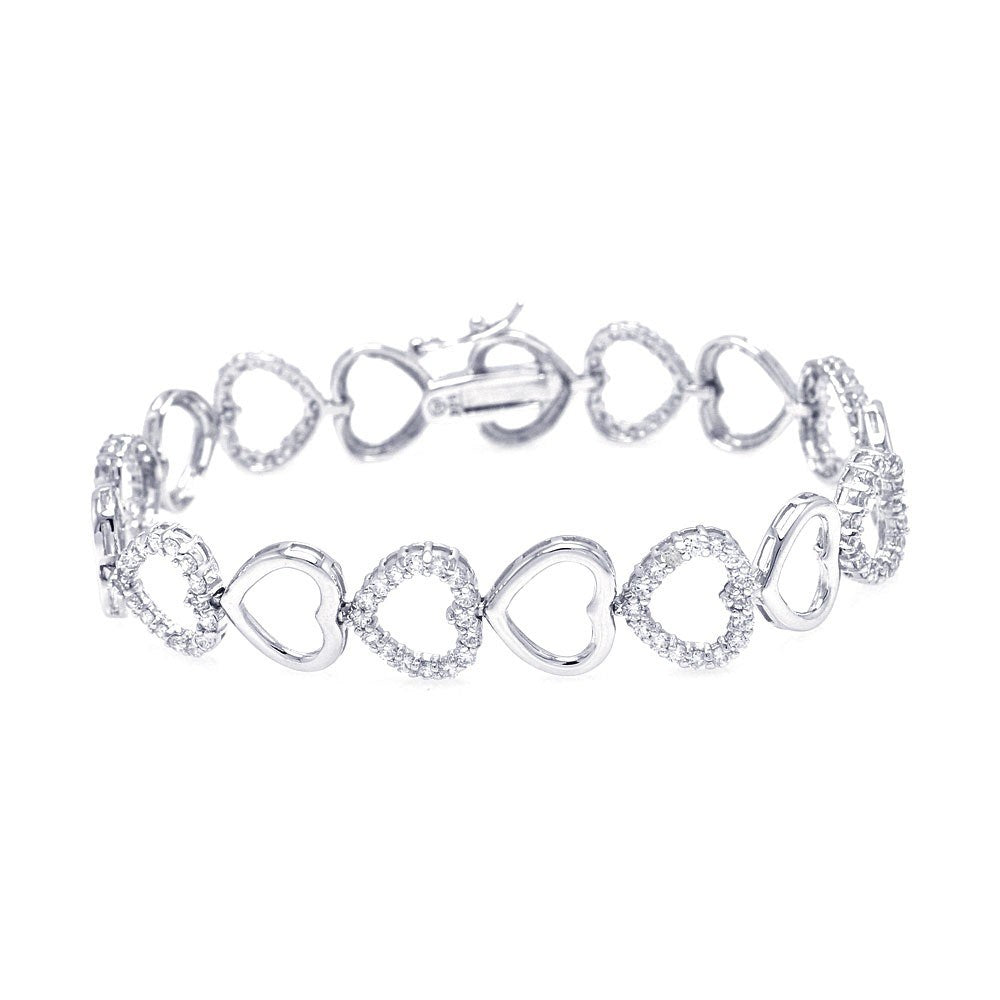 Sterling Silver Rhodium Plated Open Heart Clear CZ Bracelet