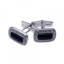 Load image into Gallery viewer, Men\&#39;s Rhodium Plated Brass Black Onyx Center Clear CZ Cufflinks