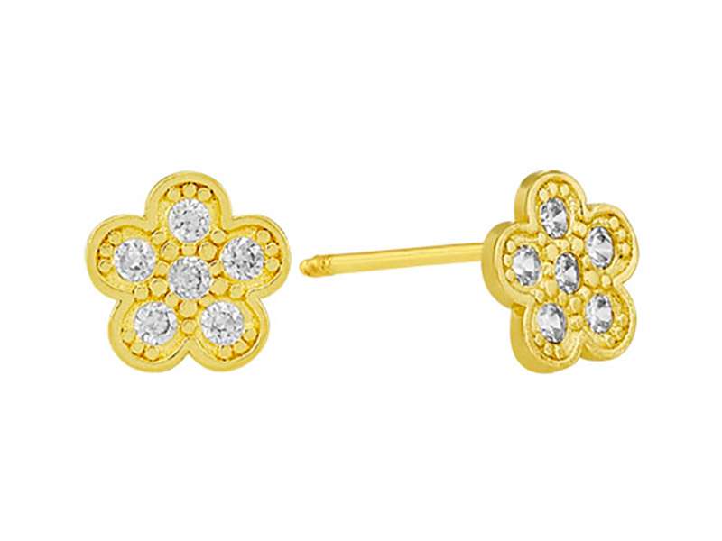 14K Yellow Gold flower girl Pave Clear CZ Screw Back Earrings
