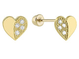 14K Yellow Gold Half Pave Mini Heart With CZ Screw Back  Earrings