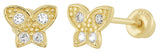14K Yellow Gold Mini Butterfly With CZ Screw Back Earrings