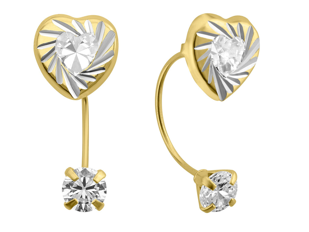 14K Yellow Gold Curved Heart With Clear CZ front and Back Earrings