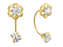 Load image into Gallery viewer, 14K Yellow Gold Curved French Rosette Girl With Clear CZ front and Back Earrings