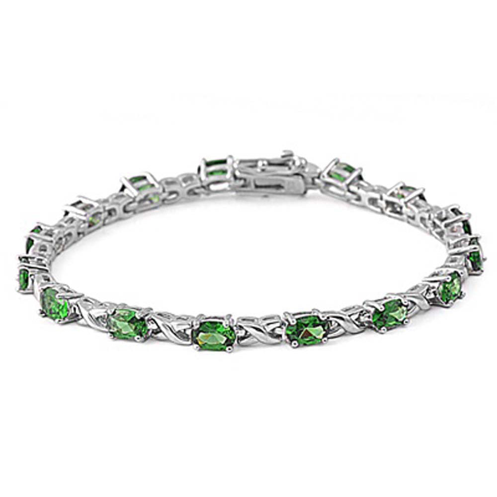 Sterling Silver Fancy Bracelet with Alternative Infinity Design and Oval Prong Set with Emerald CzAnd Length of 7.5  Stone Size: 4MM x 6MM