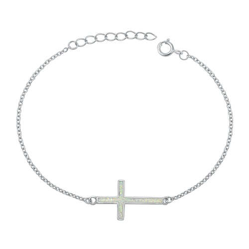 Sterling Silver Rhodium Plated White Lab Opal Cross Assorted Bracelet