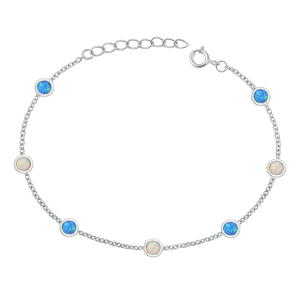 Sterling Silver Rhodium Plated Rounds Blue And White Lab Opal Bracelet Length-6.5+1inch, Charm Height-3.8mm
