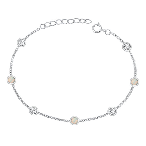 Sterling Silver Rhodium Plated Rounds Clear CZ And White Lab Opal Bracelet Length-6.5+1inch, Charm Height-3.8mm