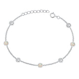 Sterling Silver Rhodium Plated Rounds Clear CZ And White Lab Opal Bracelet Length-6.5+1inch, Charm Height-3.8mm