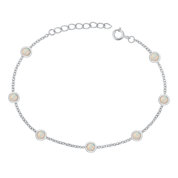 Sterling Silver Rhodium Plated Rounds White Lab Opal Bracelet Length-6.5+1inch, Charm Height-3.8mm