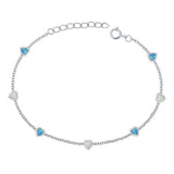 Sterling Silver Rhodium Plated Hearts Blue And White Lab Opal Bracelet Length-6.5+1inch