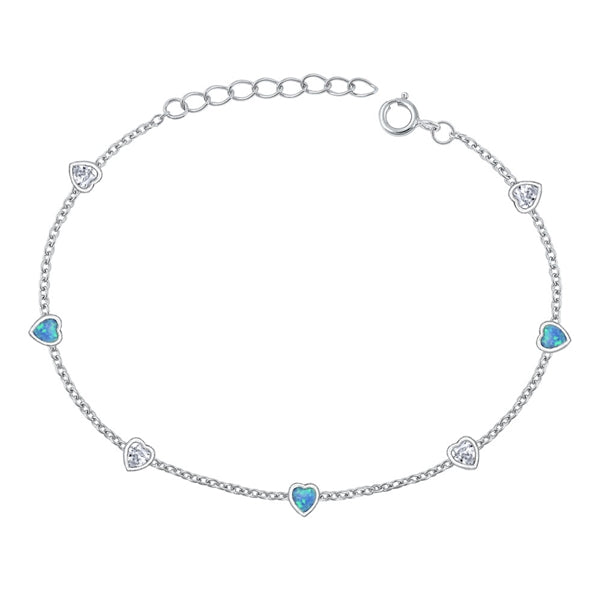 Sterling Silver Rhodium Plated Hearts Clear CZ And Blue Lab Opal Bracelet Length-6.5+1inch