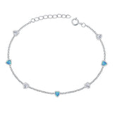 Sterling Silver Rhodium Plated Hearts Clear CZ And Blue Lab Opal Bracelet Length-6.5+1inch