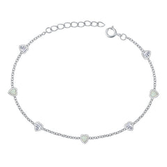 Sterling Silver Rhodium Plated Hearts Clear CZ And White Lab Opal Bracelet Length-6.5+1inch