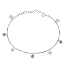Load image into Gallery viewer, Sterling Silver Rhodium Plated Round Clear CZ And Blue Lab Opal Bracelet Length-6.5+1inch, Charm Height-4mm