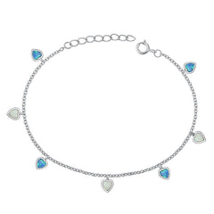Sterling Silver Rhodium Plated Heart Blue And White Lab Opal Bracelet Length-6.5+1inch
