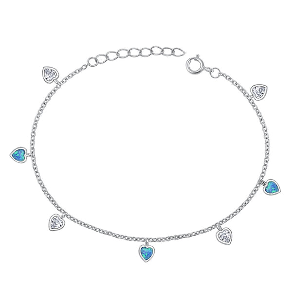 Sterling Silver Rhodium Plated Heart Clear CZ And Blue Lab Opal Bracelet Length-6.5+1inch