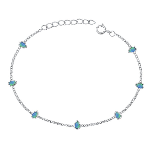 Sterling Silver Rhodium Plated Pear Blue Lab Opal Bracelet Length-6.5+1inch