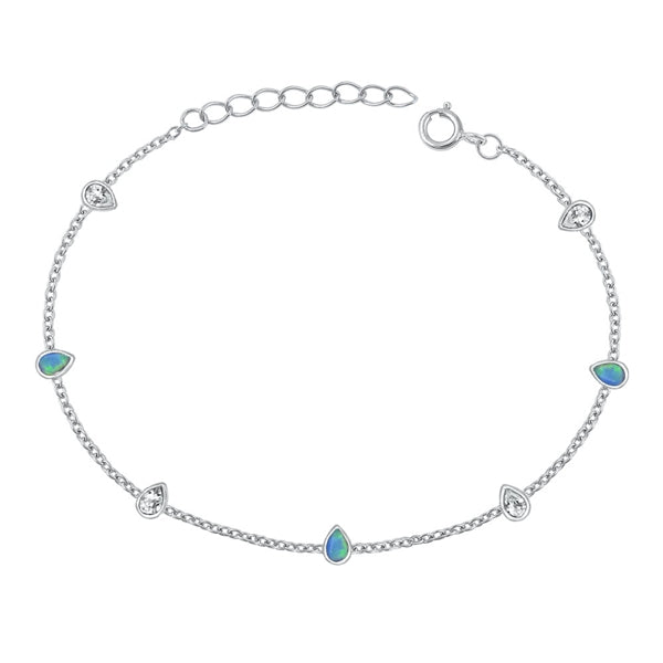 Sterling Silver Rhodium Plated Pear Clear CZ And Blue Lab Opal Bracelet Length-6.5+1inch, Charm Height-4mm