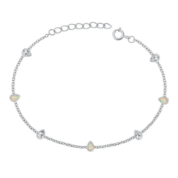 Sterling Silver Rhodium Plated Pear Clear CZ And White Lab Opal Bracelet Length-6.5+1inch