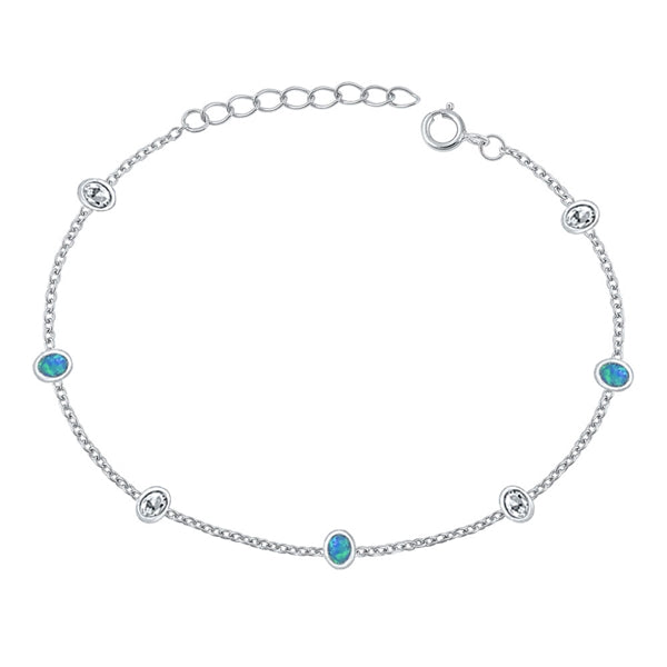 Sterling Silver Rhodium Plated Oval Clear CZ And Blue Lab Opal Bracelet Length-6.5+1inch