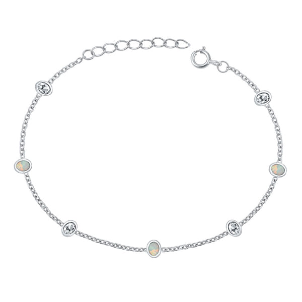 Sterling Silver Rhodium Plated Oval Clear CZ And White Lab Opal Bracelet Length-6.5+1inch
