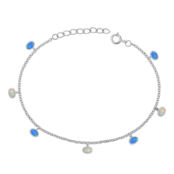 Sterling Silver Rhodium Plated Ovals Blue And White Lab Opal Bracelet Length-6.5+1inch