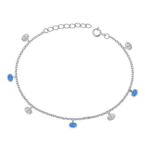 Sterling Silver Rhodium Plated Ovals Clear CZ And Blue Lab Opal Bracelet Length-6.5+1inch