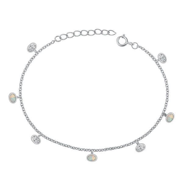Sterling Silver Rhodium Plated Ovals Clear CZ And White Lab Opal Bracelet Length-6.5+1inch