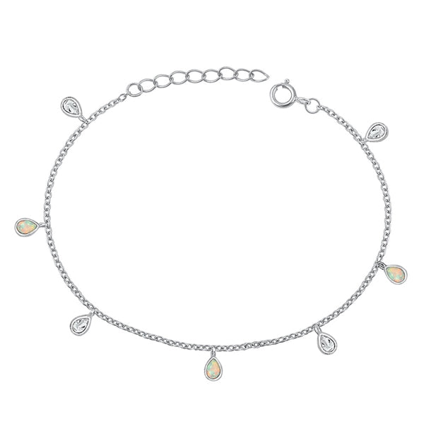 Sterling Silver Rhodium Plated Pears Clear CZ And White Lab Opal Bracelet Length-6.5+1inch
